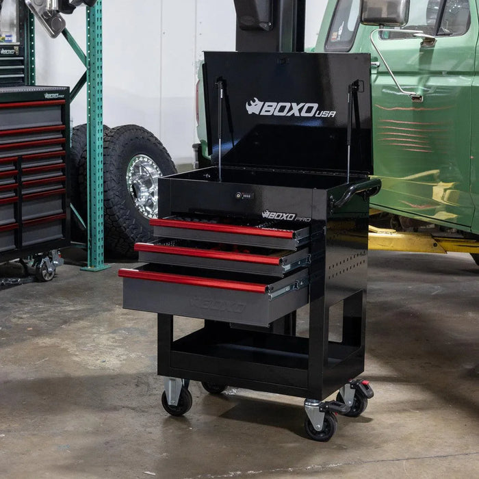 BoxoUSA Pro Series Loaded 28" 3-Drawer Flip Top Service Cart Tool Box