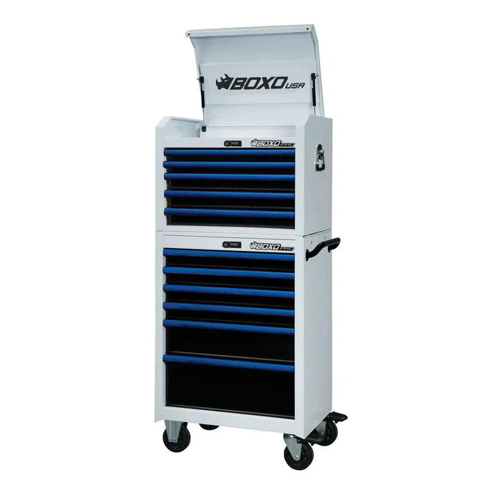 BoxoUSA Pro Series 26" 11-Drawer Rolling Tool Box β White & Blue