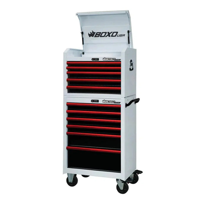 BoxoUSA Pro Series 26" 11-Drawer Rolling Tool Box β White & Red