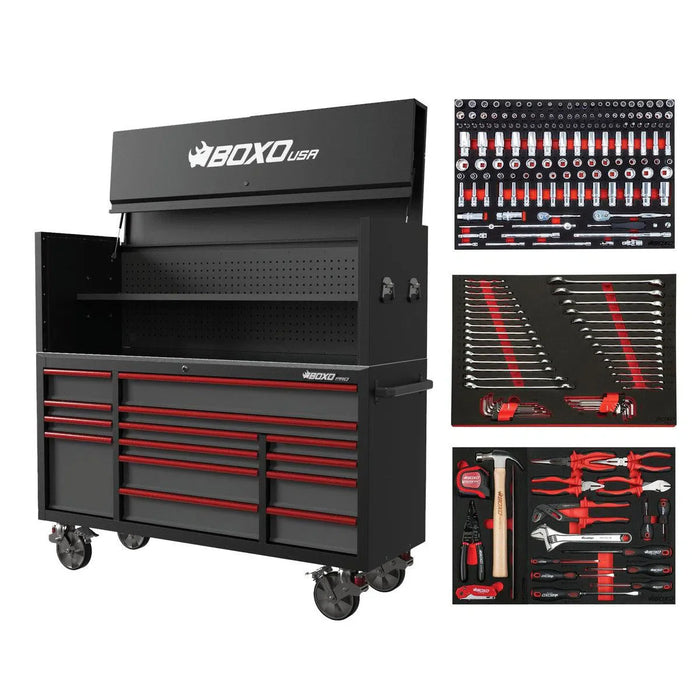 BoxoUSA Pro Series Loaded 72" 14-Drawer Garage Top Rolling Tool Box β Black