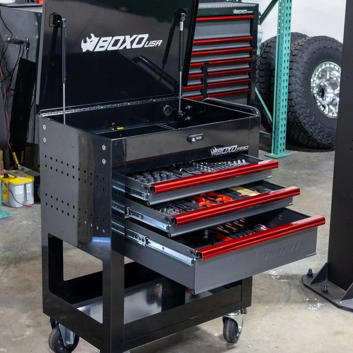 BoxoUSA Pro Series Loaded 28" 3-Drawer Flip Top Service Cart Tool Box