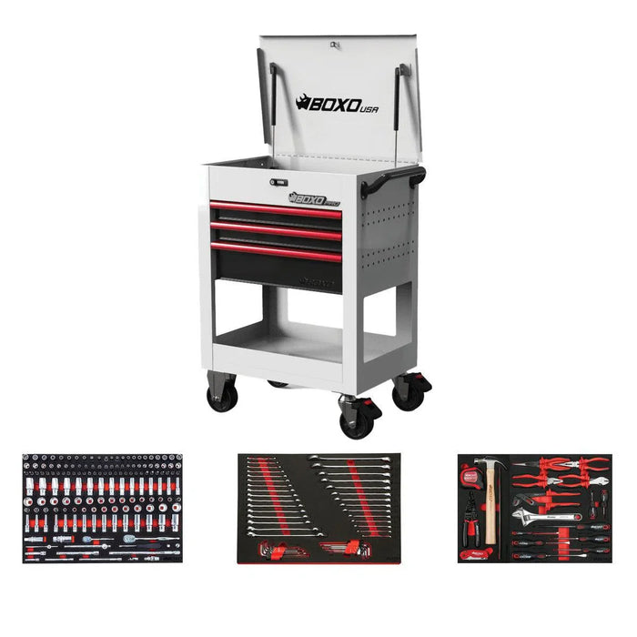 BoxoUSA Pro Series Loaded 28" 3-Drawer Flip Top Service Cart Tool Box